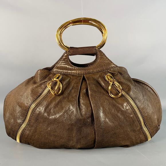 DONNA KARAN Brown Gold Goatskin Leather Top Handles Zippers Handbag - Picture 1 of 7